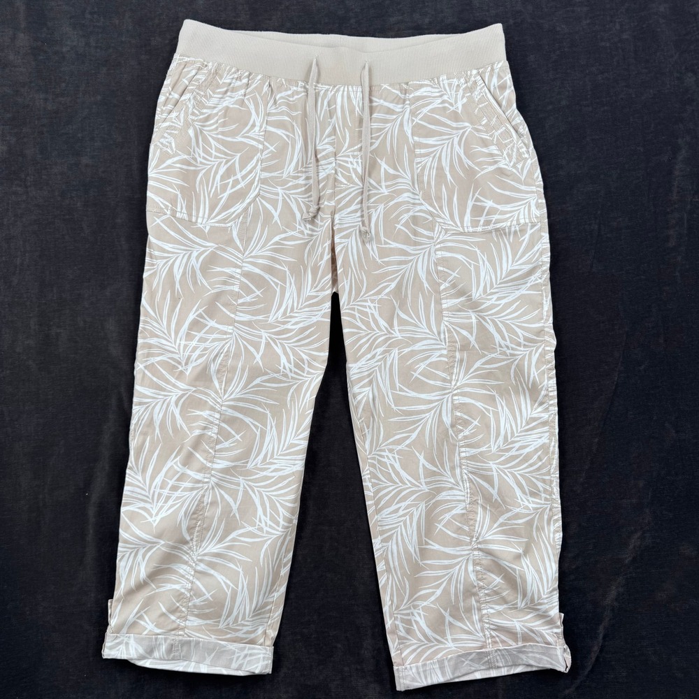 Palm Rio Womens 1X Tropical Palm Leaf Print Cropped Capri Pants Beige White